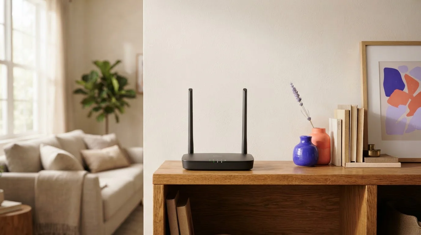 WLAN-Router mit zwei Antennen auf einem Regal