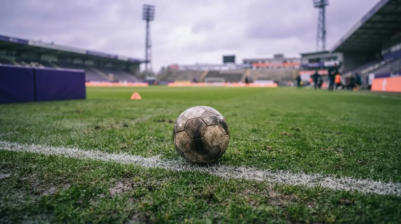 Fußball an einer weißen Seitenlinie auf einem beleuchteten Rasenplatz