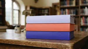 Drei gebundene Nachschlagewerke auf einem Bibliothekstisch