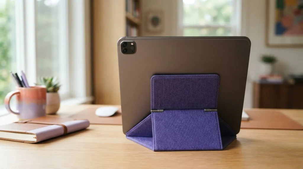 Rückseite eines Tablets in einem klappbaren Tischständer