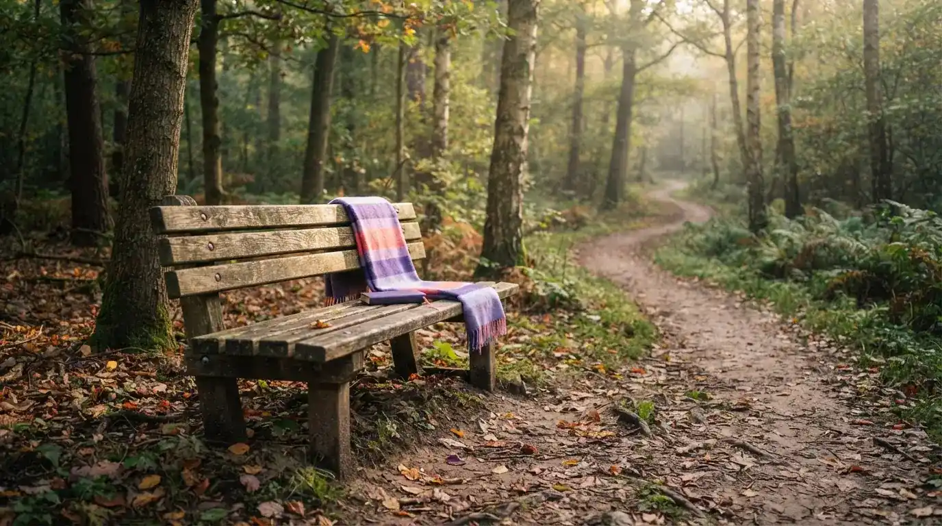 Holzbank neben einem geschwungenen Waldweg im Morgenlicht